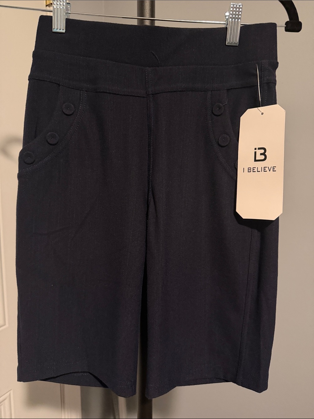 I Believe Women's Dark Navy Bermuda Shorts with Button-Trim Pockets